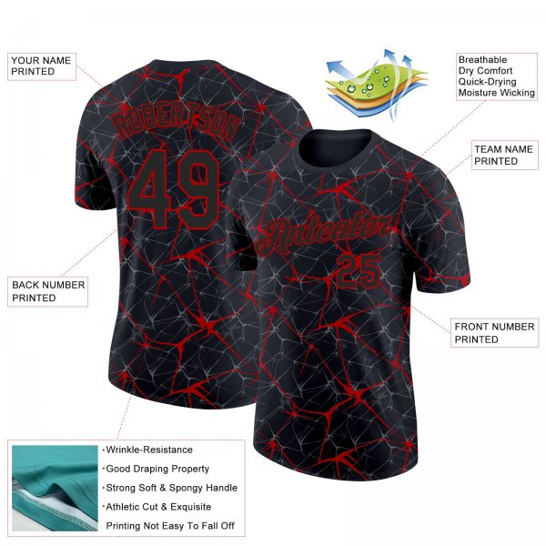 Custom Black Red 3D Pattern Design Abstract Network Performance T-Shirt