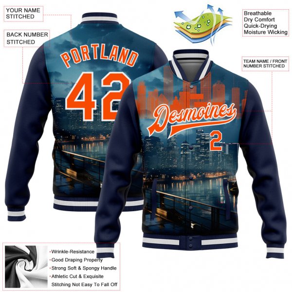 Custom Navy Orange-White Houston Texas City Edition 3D Bomber Full-Snap Varsity Letterman Jacket