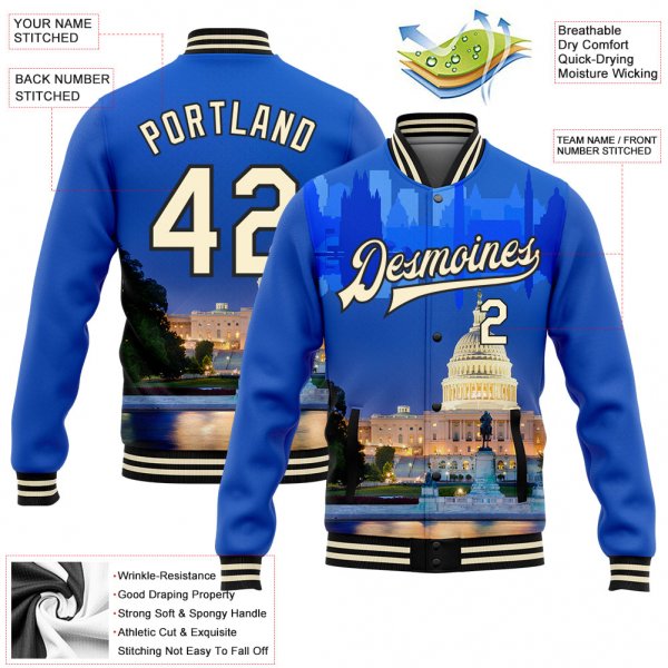 Custom Royal Cream-Black Capitol Washington City Edition 3D Bomber Full-Snap Varsity Letterman Jacket