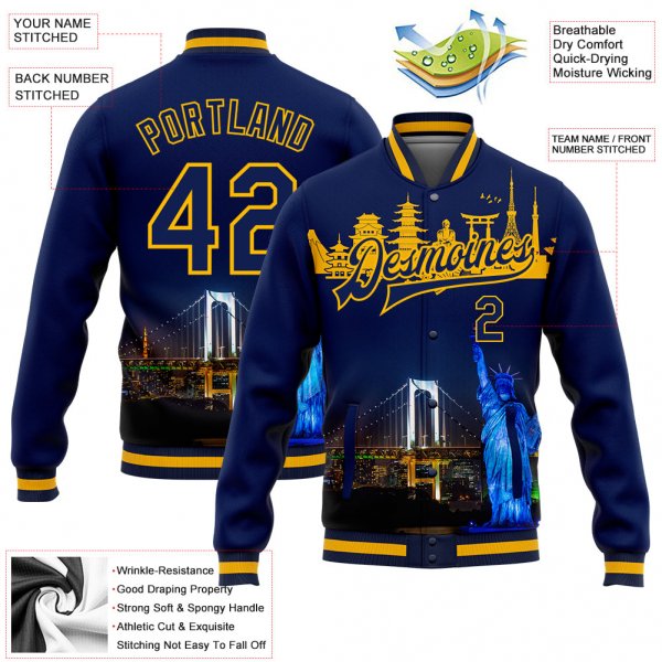 Custom Navy Gold Rainbow Bridge And Statue Of Liberty Tokyo Japan City Edition 3D Bomber Full-Snap Varsity Letterman Jacket