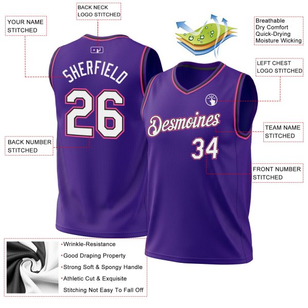 Custom Purple Black-Pink Authentic Throwback Basketball Jersey