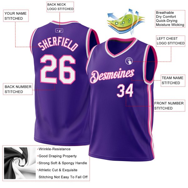 Custom Purple White-Pink Authentic Throwback Basketball Jersey