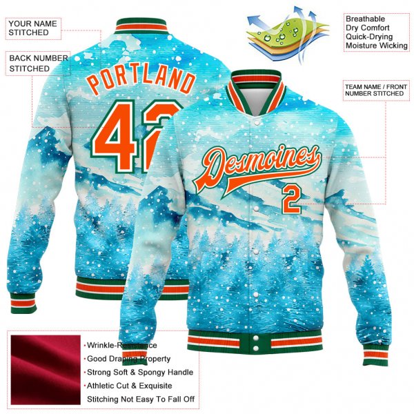 Custom Lakes Blue Orange-Kelly Green Watercolor Winter Snowy Landscape 3D Pattern Design Bomber Full-Snap Varsity Letterman Jacket