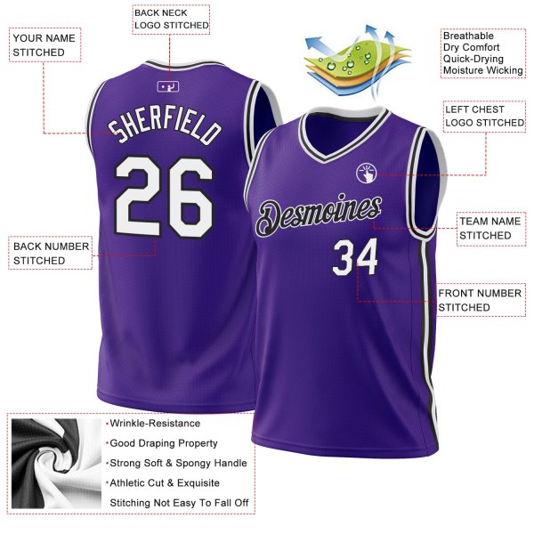 Custom Purple White-Black Authentic Throwback Basketball Jersey