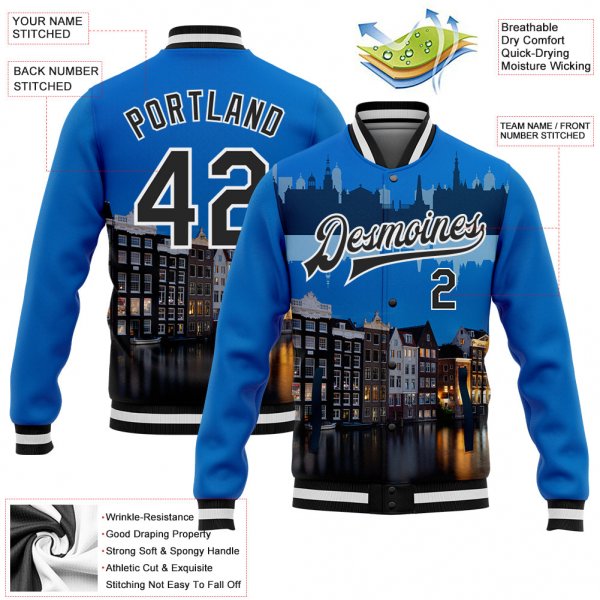 Custom Blue Black-White Amsterdam Netherlands City Edition 3D Bomber Full-Snap Varsity Letterman Jacket